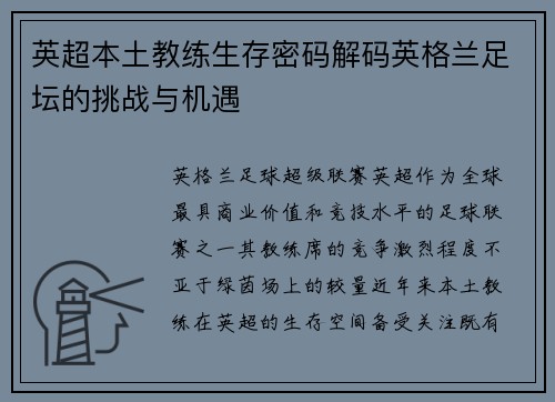 英超本土教练生存密码解码英格兰足坛的挑战与机遇