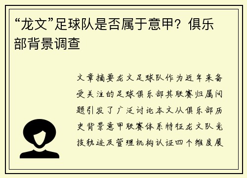 “龙文”足球队是否属于意甲？俱乐部背景调查